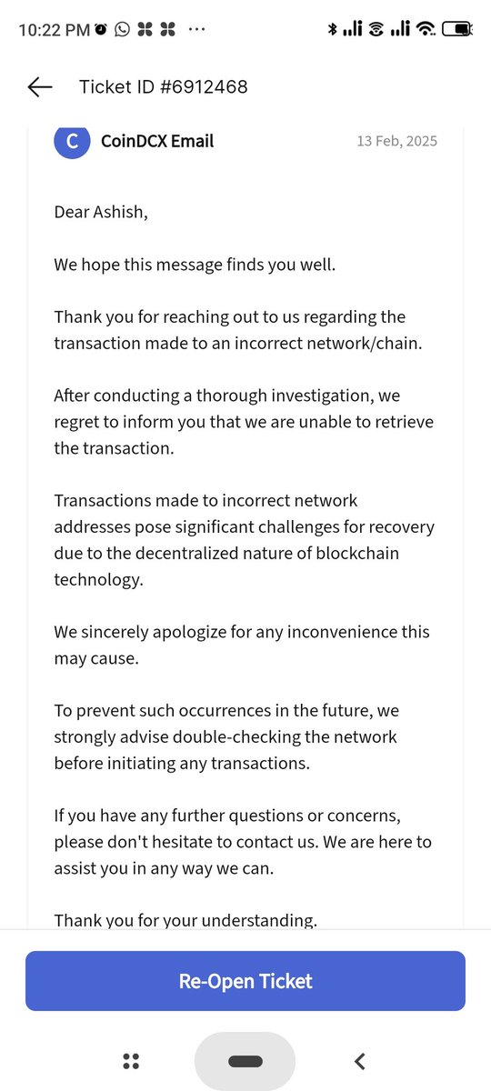 ashishchandan9's tweet photo. @CoinDCX @gharkekalesh Please mere coin ko recover kijiye

Apka help line koi kam ka nhi hai 
Jb aapke exchange me kuch 2,4 network pe hi coin deposit Krna hai to baki ka wallet address kyu available hai.
Or aapke hi wallet me koi coin chala gya to aapki team usko bhi recover nhi kr pati kyu? https://t.co/u94zQxnpNs