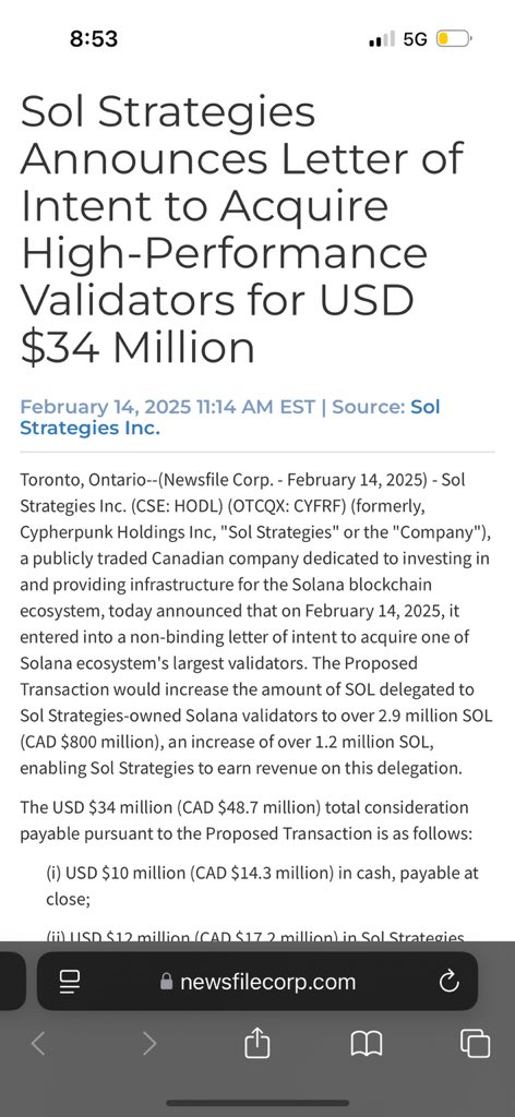 Here we go!

Sol Strategies just announced they are making another acquisition that will add millions of dollars in net income to the business. 

Love to see this as a shareholder and advisor. Team is doing a great job executing. 

CSE: HODL OTCQX: CYFRF