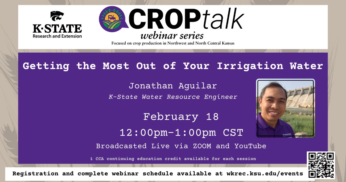 Our topic for K-State CropTalk on 2/18 is 'Getting the Most Out of Your Irrigation Water' with K-State Irrigation Specialist Jonathan Aguilar <a href="/ksirrigation/">Jonathan Aguilar</a> .  Register to at: wkrec.org/events/croptal…
You can participate via Zoom or YouTube and links will be sent 2/17 and 2/18.