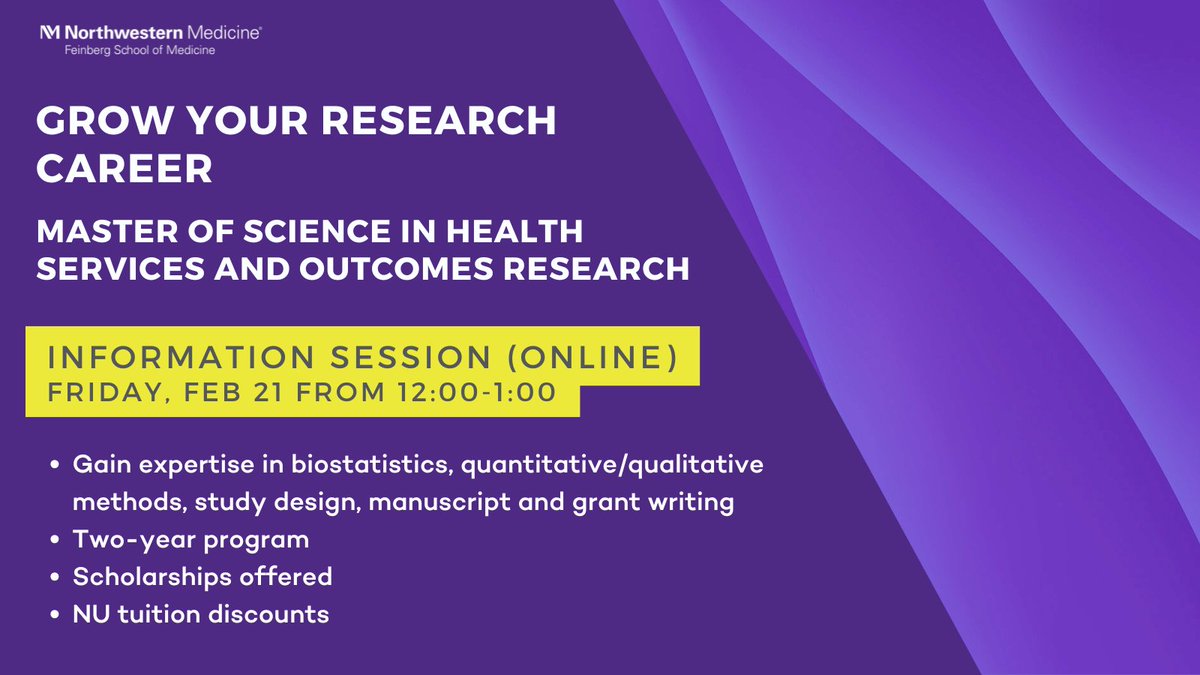 Join us on Feb 21 to learn more about the two-year Master of Science in Health Services &amp; Outcomes Research (HSOR). 
Online—Feb 21 12:00-1:00 PM
bit.ly/3QhUIiU