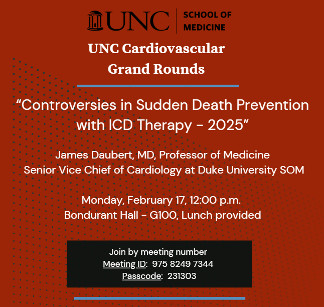UNC Division of Cardiology (@unccardiology) on Twitter photo James Daubert, MD, Senior Vice Chief of Cardiology at Duke University SOM, is our next speaker for Cardiology Grand Rounds, Monday, February 17. <a href="/UNC_SOM/">UNC School of Medicine</a> <a href="/UNCDeptMedicine/">UNC Department of Medicine</a> <a href="/UNC_Health_Care/">UNC Health</a> <a href="/UNC_MHI/">UNC McAllister Heart</a> #CardioEd
Join from the Zoom meeting link:
go.unc.edu/q4K7E James Daubert, MD, Senior Vice Chief of Cardiology at Duke University SOM, is our next speaker for Cardiology Grand Rounds, Monday, February 17. <a href="/UNC_SOM/">UNC School of Medicine</a> <a href="/UNCDeptMedicine/">UNC Department of Medicine</a> <a href="/UNC_Health_Care/">UNC Health</a> <a href="/UNC_MHI/">UNC McAllister Heart</a> #CardioEd
Join from the Zoom meeting link:
go.unc.edu/q4K7E
