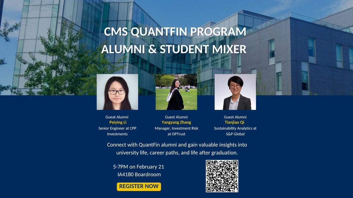 🎓Connect, network &amp; gain insights from Quantitative Finance program alumni!💼

Join us at the CMS QuantFin Alumni &amp; Student Mixer to hear from successful grads about university life and career paths!

📅 Friday, February 21 from 5-7PM
📍 IA4180 Boardroom