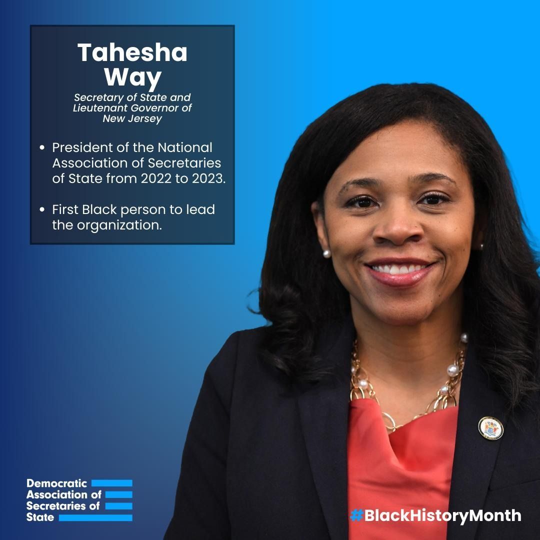 Next up for our #BlackHistoryMonth series is <a href="/LtGovWay/">Lt Governor Tahesha Way</a>, the Secretary of State and Lieutenant Governor of New Jersey.

As New Jersey's top election official, Sec. Way oversees the state Division of Elections and ensures free, fair, safe, and secure elections in NJ.