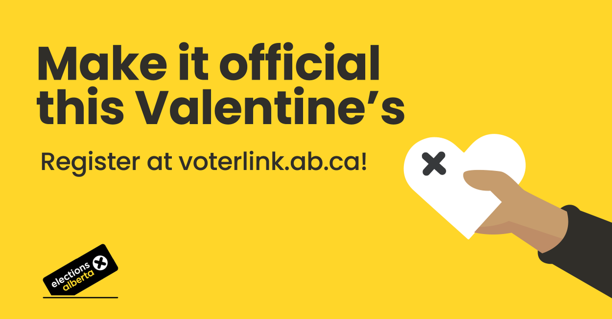 ElectionsAB's tweet image. Happy Valentine's Day from Elections Alberta! 
 
Spread the love for civic participation when you register to vote. 
Visit voterlink.ab.ca today. ❤️
 
#ElectionsAB #ILoveDemocracy