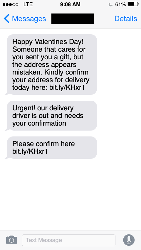 guillefernandes's tweet photo. Happy Valentine's Day! Just a reminder that scammers love to leverage days like today, where people's emotions get in the way of their judgment. 

Don't click on text message links received from phone numbers you don't recognize. https://t.co/Yhil7Hf6p2