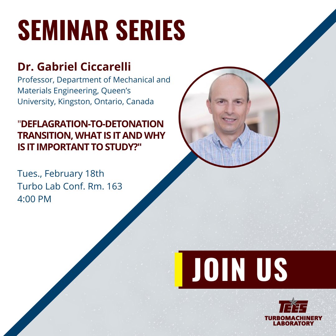 Join us next Tuesday for a special #SeminarSeries with Dr. Gabriel Ciccarelli, Professor of Mechanical and Materials Engineering at Queen's University. Dr. Ciccarelli will present "Deflagration-to-Detonation Transition, What is it and Why is it Important to Study?"