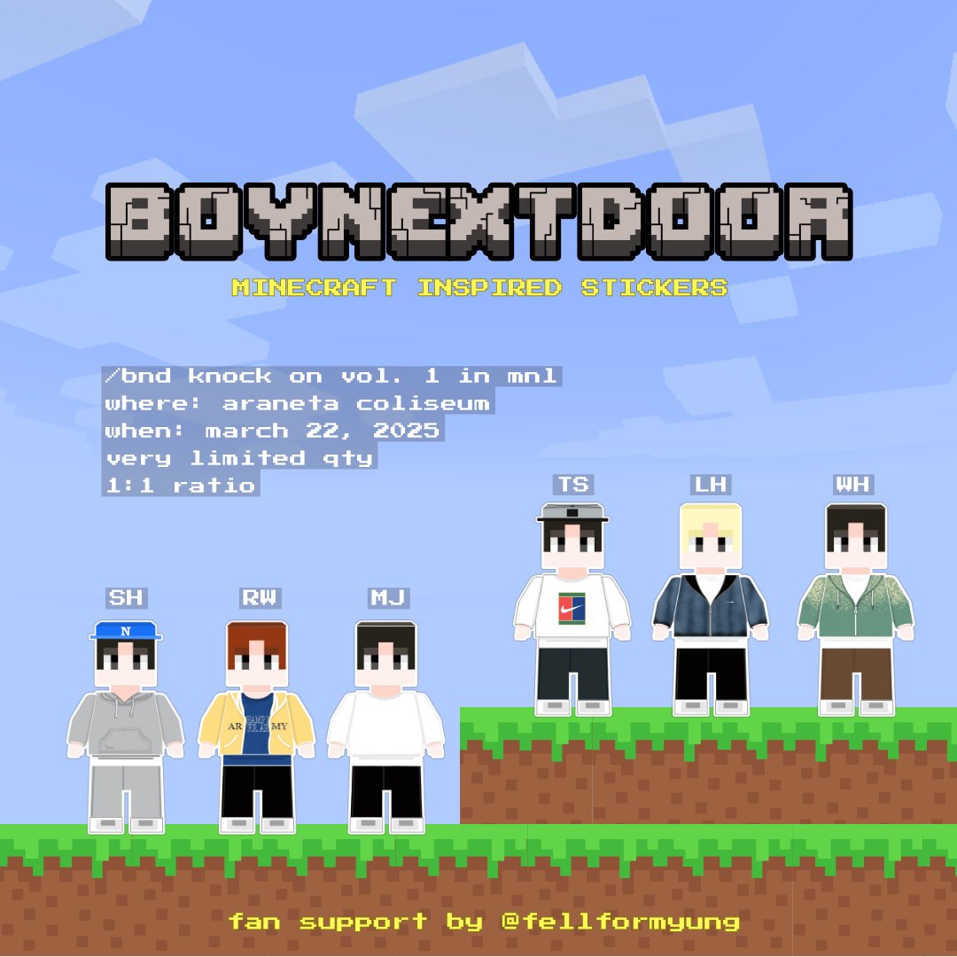 fellformyung's tweet photo. BOYNEXTDOOR MINECRAFT STICKERS
— fan support by @fellformyung ⋆౨ৎ˚⟡˖ ࣪

⋆ mbf,  like &amp; rt .ᐟ
⋆ strictly 1:1 ratio; limited qty
⋆ trades on d-day
⋆ time &amp; loc — tba

see ü .ᐟ ૮ ․ ․ ྀིა

#KNOCK_ON_VOL_1_IN_MANILA https://t.co/KtMylOlqA6