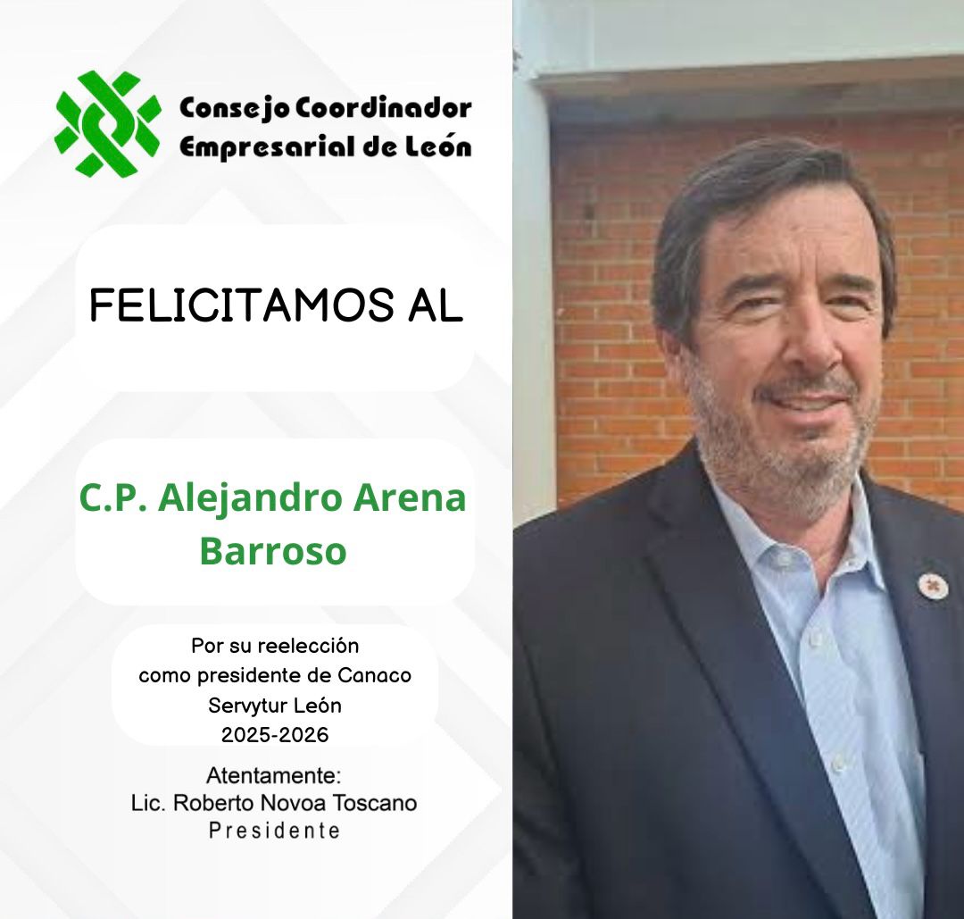 CCE de León (@cceleon) on Twitter photo Felicitamos al C.P. Alejandro Arena Barroso por su reelección como Presidente de CANACO Servytur León, en el periodo 2025-2026
<a href="/canacoleon/">CANACO LEON</a> Felicitamos al C.P. Alejandro Arena Barroso por su reelección como Presidente de CANACO Servytur León, en el periodo 2025-2026
<a href="/canacoleon/">CANACO LEON</a>