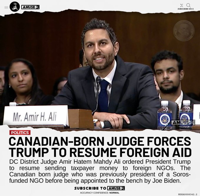 DC District Judge Amir Hatem Mahdy Ali ordered President Trump to resume sending taxpayer money to foreign NGOs. The Canadian born judge who was previously president of a Soros-funded NGO before being appointed to the bench by Joe Biden.