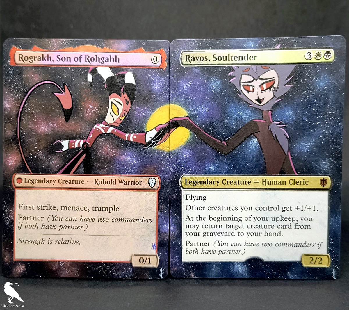 ArchonCrow's tweet photo. Rograkh and Ravos as Blitzo and Stolas from Helluva Boss. I know that many of you like this show so I hope I gave it justice. I hope you like it! #mtg #mtgalter https://t.co/8JJSrbVYOS