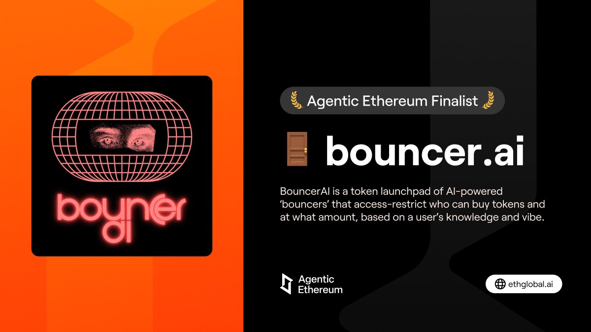 🚪 bouncer.ai

BouncerAI is a token launchpad of AI-powered ‘bouncers’ that access-restrict who can buy tokens and at what amount, based on a user’s context

Built by <a href="/Adrian_Dole/">Adrian Dole</a>, <a href="/jiromu/">jiromu.eth</a>, <a href="/ankit7241/">Ankit Choudhary</a>, and Shouvik Ghosh

ethglobal.com/showcase/bounc…