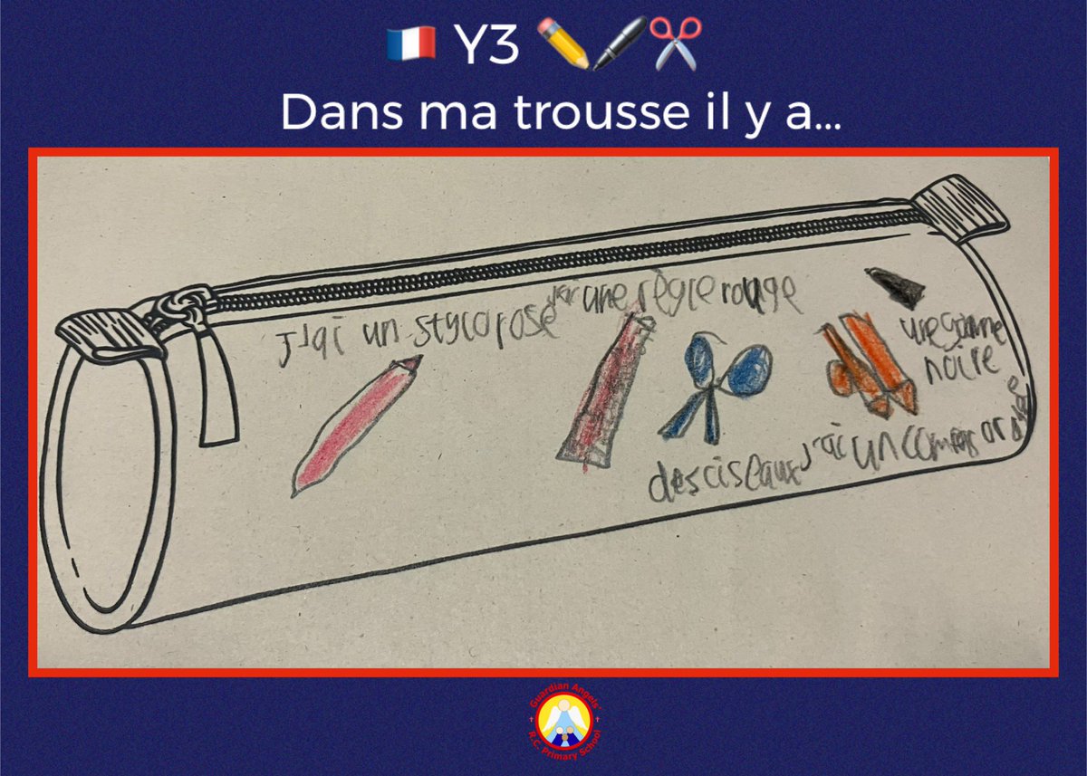 MmeBirtwistle's tweet photo. 🇫🇷 KS2 Dans ma trousse (In my pencil case) ✏️ 🖊️ ✂️📏
This half-term, Y3 @GA_Bury have been learning to talk about their school equipment, focusing on grammatical gender, adjectival position, and agreement in the singular form. They have made fantastic progress! 👏 #PrimaryFrench https://t.co/XSTnR9FqOn