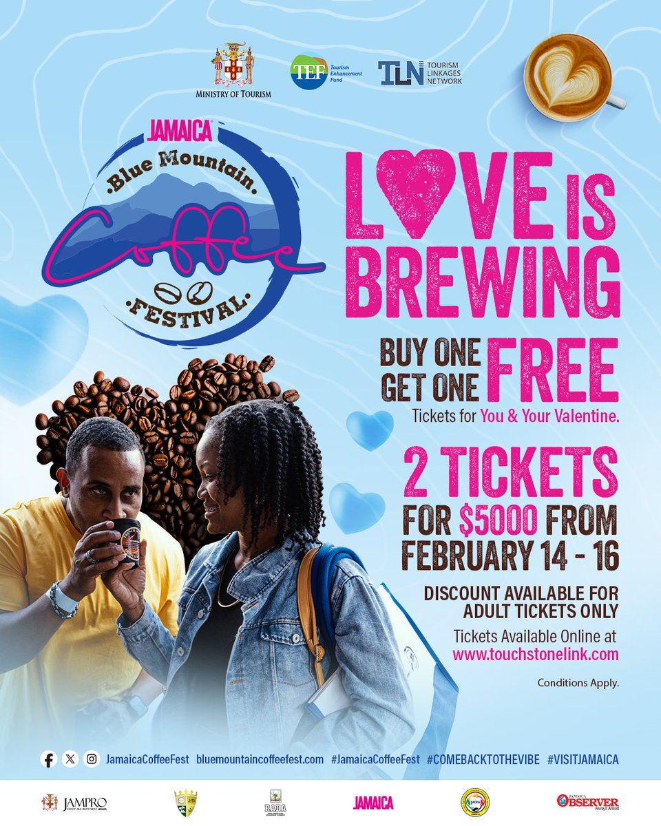 This Valentine's Weekend, buy 1 Adult Ticket for the Jamaica Blue Mountain Coffee Festival and get another FREE. ✨

Discount runs Feb 14 - 16 at touchstonelink.com/event/jamaica-…

See you &amp; your brew boo at the ultimate coffee lover's experience! #BlueMountainCoffeeFest #VisitJamaica