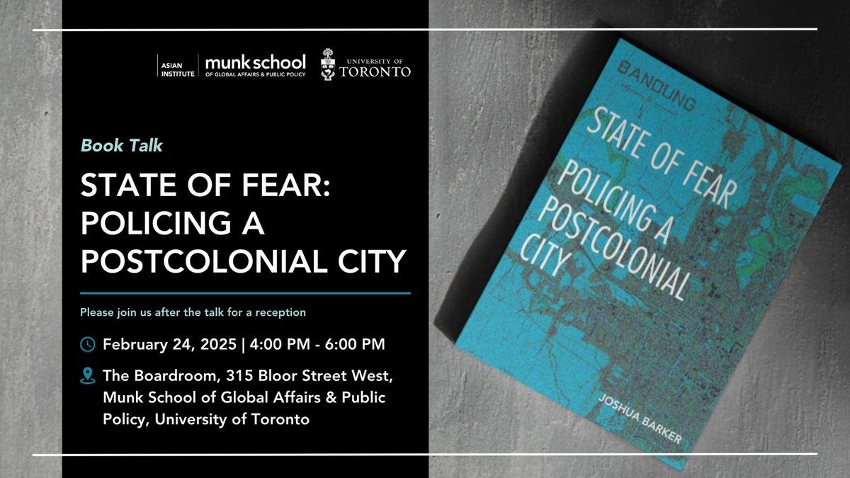 Asian Institute UofT (@ai_uoft) on Twitter photo In "State of Fear", Joshua Barker, Dean of <a href="/UofTSGS/">U of T School of Graduate Studies</a> and Professor <a href="/UofT_Anthro/">U of T Anthropology</a>, reckons with how fear and violence are produced and reproduced through everyday practices of rule and control
Join us <a href="/AI_UofT/">Asian Institute UofT</a> <a href="/munkschool/">Munk School</a> <a href="/UofT/">University of Toronto</a> for his book talk
🔗uoft.me/StateofFear In "State of Fear", Joshua Barker, Dean of <a href="/UofTSGS/">U of T School of Graduate Studies</a> and Professor <a href="/UofT_Anthro/">U of T Anthropology</a>, reckons with how fear and violence are produced and reproduced through everyday practices of rule and control
Join us <a href="/AI_UofT/">Asian Institute UofT</a> <a href="/munkschool/">Munk School</a> <a href="/UofT/">University of Toronto</a> for his book talk
🔗uoft.me/StateofFear