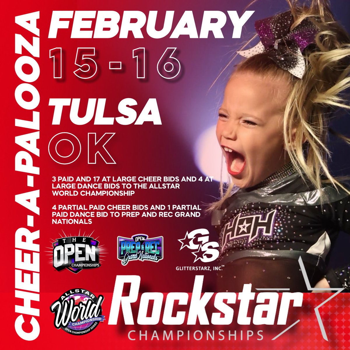 Get ready for an incredible weekend at #CheerAPalooza, February 15-16, 2025, in Tulsa, OK! 🎸

🎟️ Spectator Tickets - 8countlogin.com/event/cheer-a-…
🏢 View event information at rockstarchampionships.com/cheer-a-palooza
❤️ We’ll see you at the Valentine’s Day party TONIGHT hosted by <a href="/glitterstarz/">GLITTER  STARZ</a>