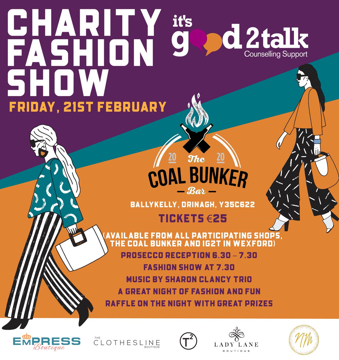 It's Good 2 Talk (@itsgood2talkwex) on Twitter photo Charity Fashion show #Wexford 
🗓 Friday 21st of February. 
Tickets available at all participating shops, The Coal Bunker and at our reception 👏
Please spread the word 🙏 Charity Fashion show #Wexford 
🗓 Friday 21st of February. 
Tickets available at all participating shops, The Coal Bunker and at our reception 👏
Please spread the word 🙏