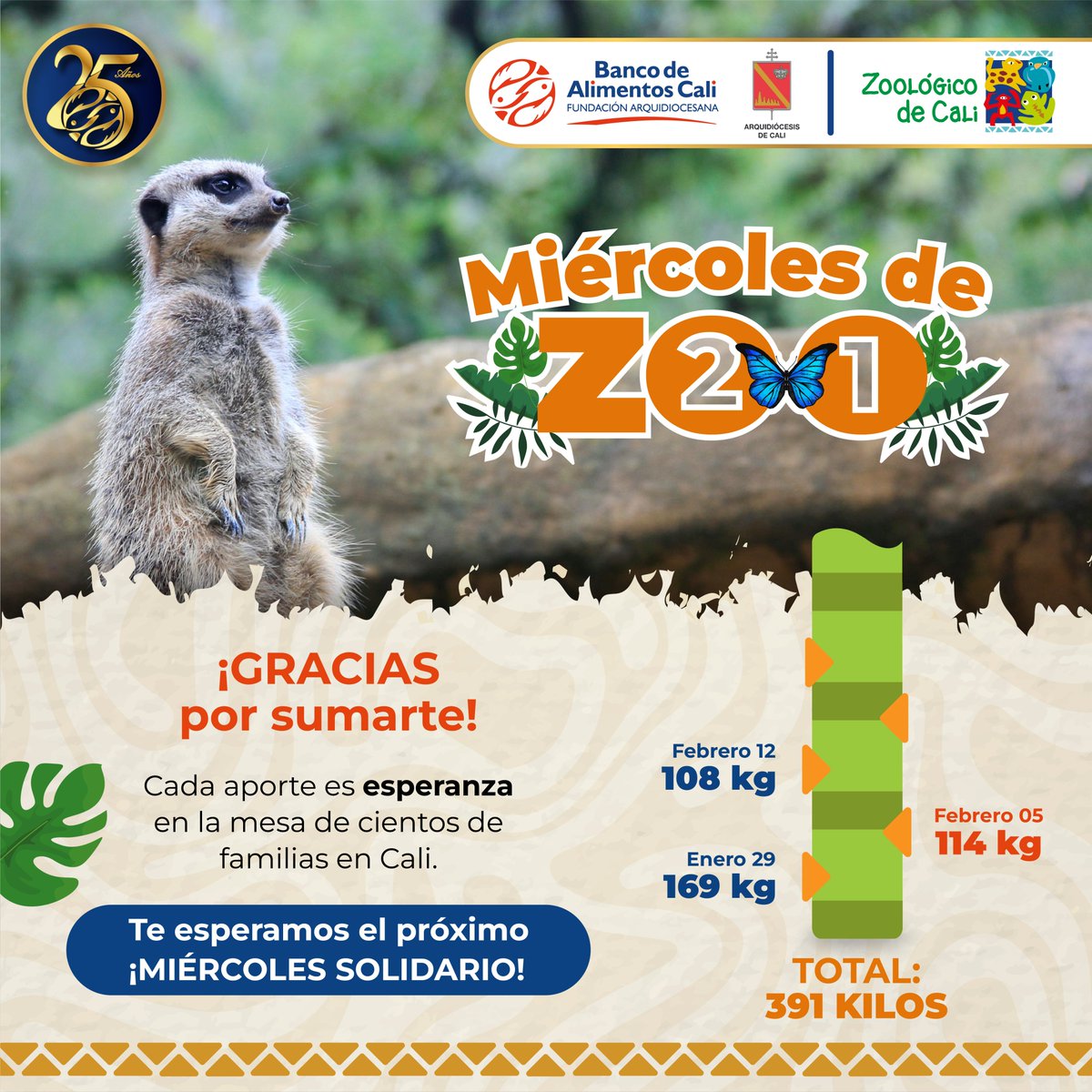 ¡La solidaridad sigue dando sus frutos!🤩✨

Ya son 391 kilos de alimentos que hemos recibido, gracias a la generosidad de miles de caleños que aprovechan los miércoles de 2x1 en el <a href="/zoologicodecali/">Zoológico de Cali</a>, para conocer  y apoyar nuestra lucha contra el hambre. 1/2