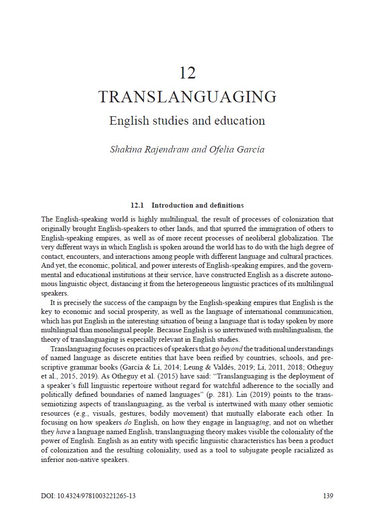 Thrilled to share two recent chapters co-authored with Dr. Ofelia García and Dr. Kate Seltzer:

Translanguaging: English Studies and Education 
taylorfrancis.com/chapters/edit/…

Translanguaging Theory, Pedagogies, and Future Directions from the Global South
taylorfrancis.com/chapters/edit/…