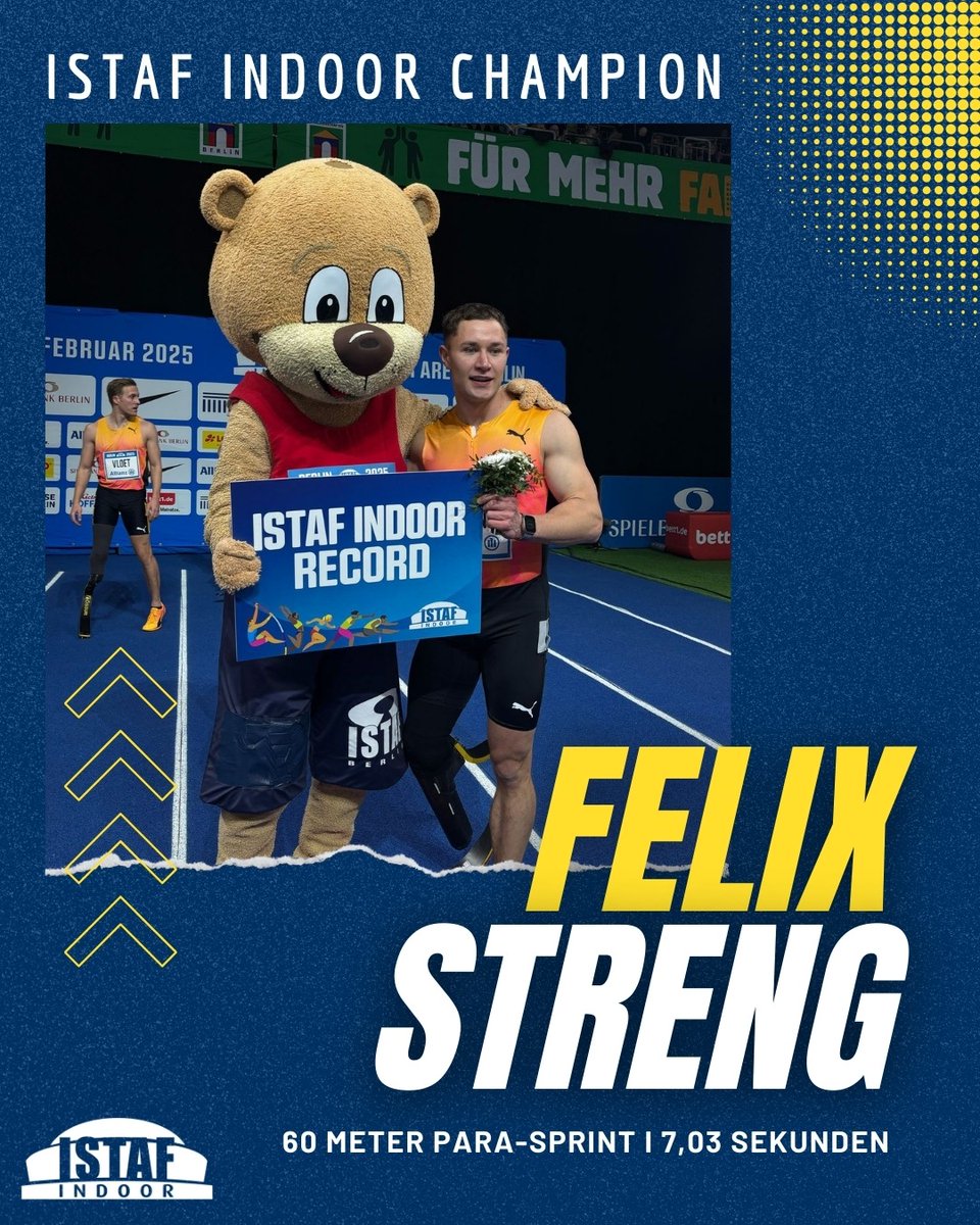 ISTAF INDOOR Berlin
Men - 60 m Para
1. Felix Streng 🇩🇪 7,03 sec (ISTAF INDOOR Record)
2. Olivier Hendriks 🇳🇱 7,44 sec 
3. Levi Vloet 🇳🇱 7,53 sec
#istafindoor #istaf #weltklasseleichtathletik #leichtathletik #trackandfield #athletics