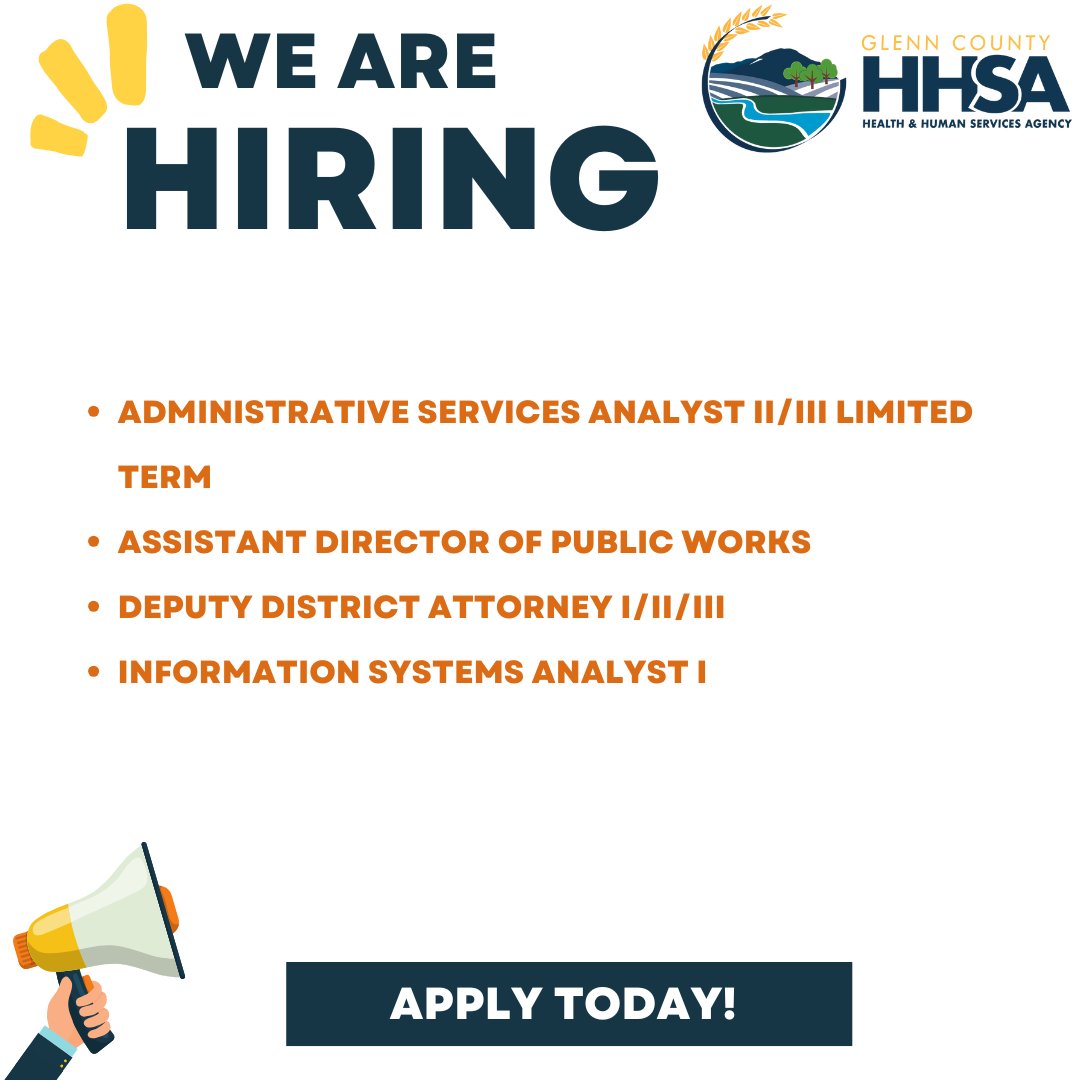 Are you interested in a career with Glenn County? Visit the County of Glenn Personnel webpage ow.ly/81gi50SZJ2V for more information!
Don't forget to follow them on Facebook ow.ly/NvVC50SZJ33