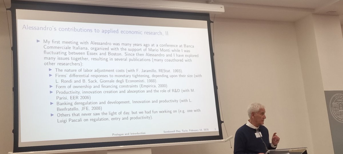 Sembenelli Day, Collegio Carlo Alberto.

Fabio Schiantarelli (Boston College) listing some of Alessandro's most significant contributions to the profession.

We thank the organizers for this day.

The legacy that Alessandro leaves us is an integral part of our history.