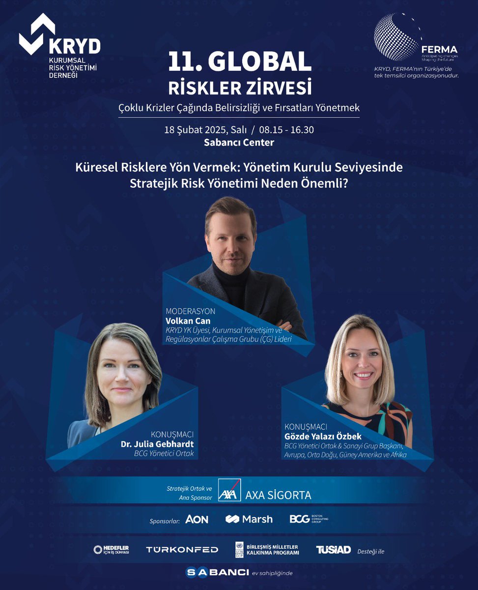 11. Global Riskler Zirvesi'nde "Küresel Risklere Yön Vermek: Yönetim Kurulu Seviyesinde Stratejik Risk Yönetimi Neden Önemli?" başlıklı oturumda BCG Yönetici Ortağı Dr. Julia Gebhardt ve BCG Yönetici Ortağı Gözde Yalazı Özbek yer alacak. 

Kayıt için:
krydglobalrisklerzirvesi.com