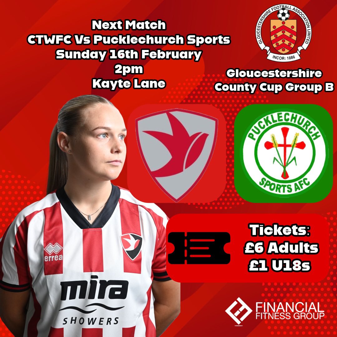 🔴NEXT GAME🔴

We’re back in action on Sunday as we take on <a href="/puckleladies/">Pucklechurch Sports Ladies</a> in the <a href="/GlosFA/">Gloucestershire FA ⚽</a> County Cup! 🔴🏆 

⏰Sunday 16th February, 2pm
🏟️Kayte Lane, GL52 3PD 
🎫£6 Adults, £1 U18s, and can be purchased below or on the gate! 🔴👇

app.fanbaseclub.com/Fan/Tickets/Se…

#CTWFC #glosfa