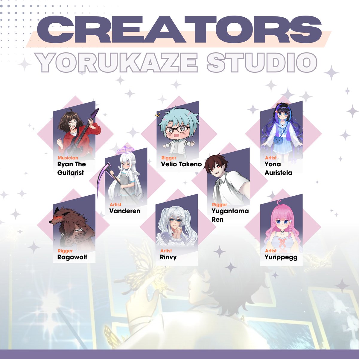 ✨ Meet Our Artists - Part 2 ✨
Masih banyak talent luar biasa di Yorukaze Studio! Siapa yang akan mewujudkan ide kreatifmu? 🌙
🎨<a href="/YonaAuristela/">Yonaaaa⭐|【KAGAYAKU HOSHI】|OPEN COMMISSION | VGen</a> <a href="/Rinvy5/">rinvy_.catto | ngerjain komis | comipara E-03</a> <a href="/YurippEgg/">egg</a> <a href="/vanderen01/">Alizert Vanderen</a> 
⚙️<a href="/VelioTakeno/">Velio Takeno💻</a> <a href="/yugantama_ren/">Ren | Live2d Rigger OPEN</a> <a href="/Ragowolf2/">Ragowolf | Live2d Rigger【Yorukaze Studio】</a>
🎵<a href="/RyanTheGComms/">Ryan The Guitarist 🦇 | Waitlist Open</a>