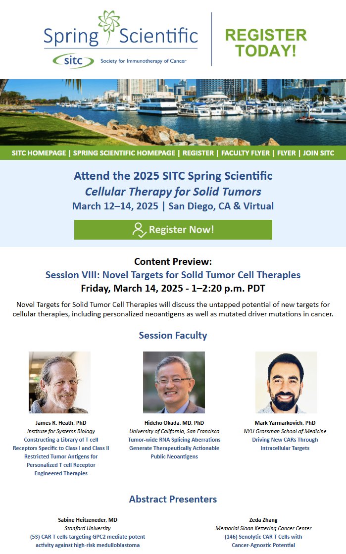 Jennifer Guerriero, PhD (@jennguerriero) on Twitter photo Join us <a href="/sitcancer/">Society for Immunotherapy of Cancer</a> Spring Scientific on #CellularTherapy for #SolidTumors in San Diego, March 12-14.
Session preview: "Novel Targets for Solid Tumor Cell Therapies" featuring experts Drs. <a href="/LabHeath/">Heath Lab</a>, Hideho Okada & <a href="/yarmo111/">Mark Yarmarkovich</a>.
Program and registration:
sitcancer.org/education/spri… Join us <a href="/sitcancer/">Society for Immunotherapy of Cancer</a> Spring Scientific on #CellularTherapy for #SolidTumors in San Diego, March 12-14.
Session preview: "Novel Targets for Solid Tumor Cell Therapies" featuring experts Drs. <a href="/LabHeath/">Heath Lab</a>, Hideho Okada & <a href="/yarmo111/">Mark Yarmarkovich</a>.
Program and registration:
sitcancer.org/education/spri…