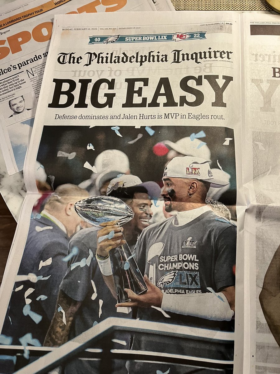 It’s a good day to buy an actual 📰 in Philadelphia. The @phillyinquirer’s commemorative Eagles Super Bowl edition is on newsstands, and includes a re-print of Monday’s front page if you’re still trying to get your hands on one.