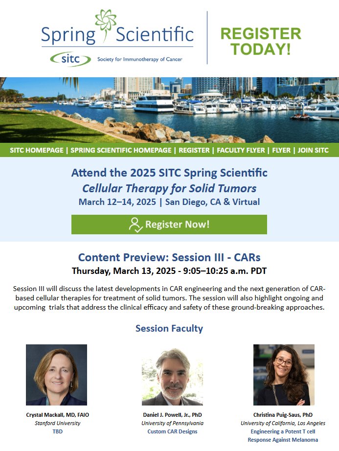 Jennifer Guerriero, PhD (@jennguerriero) on Twitter photo Join us <a href="/sitcancer/">Society for Immunotherapy of Cancer</a> Spring Scientific on #CellularTherapy for #SolidTumors in San Diego, March 12-14.
Session preview: "CARs for Solid Cancers" featuring experts Drs. Chrystal Mackall, <a href="/DJPowellLab/">Daniel Powell Lab @ UPENN</a>
and Christina Puig-Saus.
Program and registration: sitcancer.org/education/spri… Join us <a href="/sitcancer/">Society for Immunotherapy of Cancer</a> Spring Scientific on #CellularTherapy for #SolidTumors in San Diego, March 12-14.
Session preview: "CARs for Solid Cancers" featuring experts Drs. Chrystal Mackall, <a href="/DJPowellLab/">Daniel Powell Lab @ UPENN</a>
and Christina Puig-Saus.
Program and registration: sitcancer.org/education/spri…