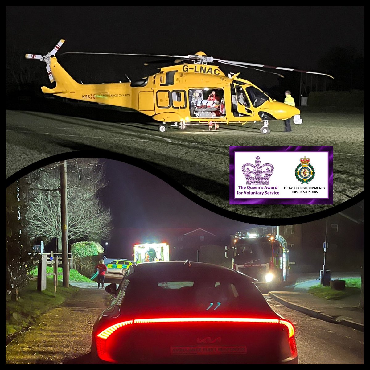 Last night presented our #volunteers that were on duty with an incident that required a multi agency response to get the patient to the most appropriate medical facility. Great teamwork between <a href="/SECAmbulance/">South East Coast Ambulance</a>, East Sussex Fire and Rescue &amp; <a href="/airambulancekss/">Air Ambulance Charity Kent Surrey Sussex</a> 

 #emergency #ambulance