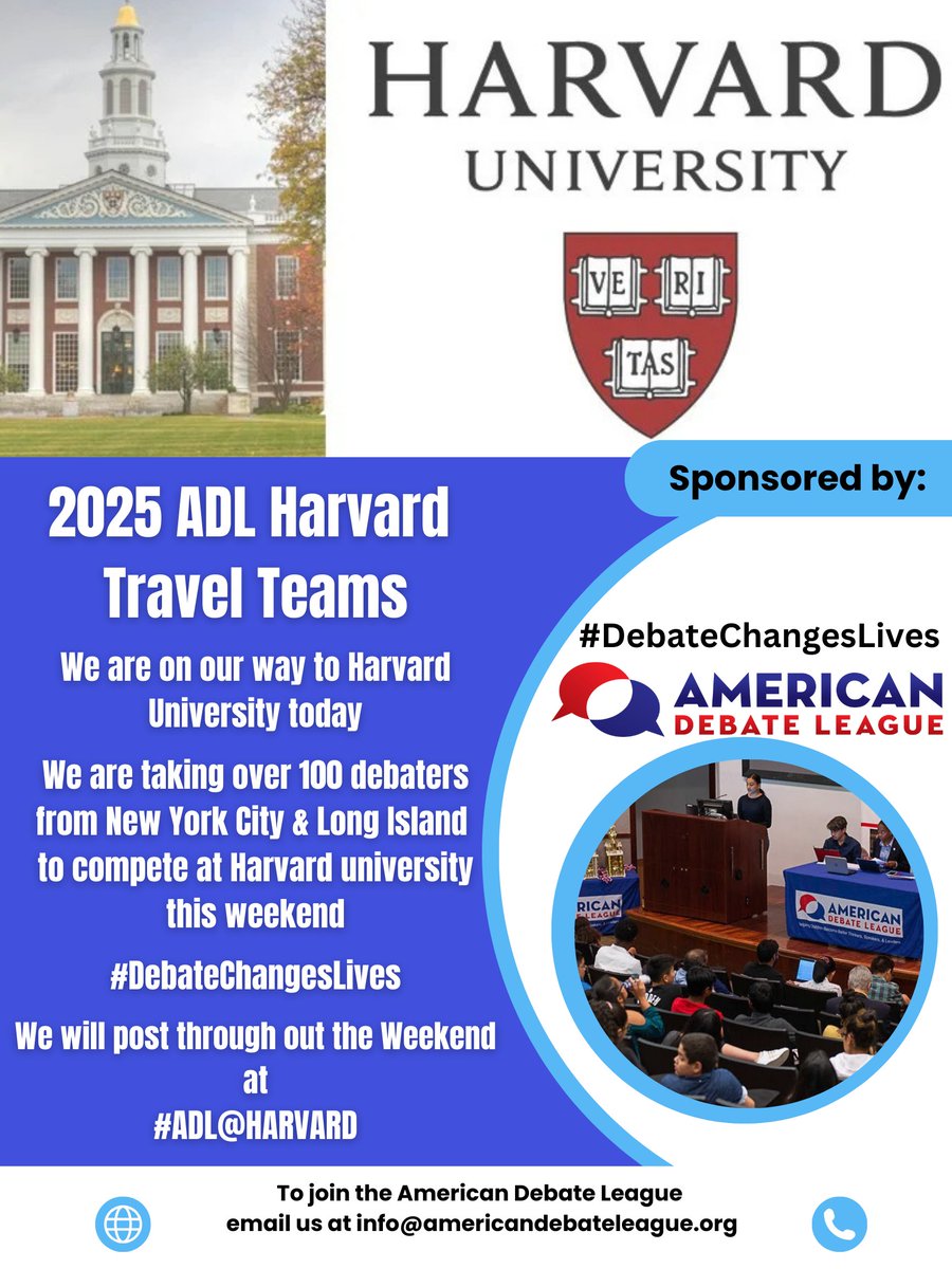 American Debate League (@american_debate) on Twitter photo Today, the American Debate League and our members schools with over 150 debaters are heading to Boston to compete at 2025 Harvard University debate tournament.
We will post through out the weekend
#ADLHARVARD2025
@cheastie
<a href="/LiuNewYork/">John C. Liu</a>
<a href="/NYCSpeakerAdams/">Adrienne Adams</a>
@andreastewartcousins Today, the American Debate League and our members schools with over 150 debaters are heading to Boston to compete at 2025 Harvard University debate tournament.
We will post through out the weekend
#ADLHARVARD2025
@cheastie
<a href="/LiuNewYork/">John C. Liu</a>
<a href="/NYCSpeakerAdams/">Adrienne Adams</a>
@andreastewartcousins