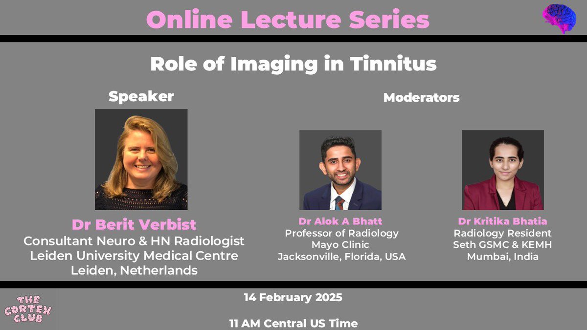 Mohit Agarwal (@mohittccneuro) on Twitter photo Join us today Feb 14 at 11AM Central U.S. time to listen to <a href="/beritverbist/">beritverbist</a> 🇳🇱 talk on pulsatile tinnitus on <a href="/thecortexclub/">The Cortex Club</a> TBone series! Register here: bit.ly/TCCWebinar_Feb…
Session moderated by <a href="/Alok_A_Bhatt/">Alok A. Bhatt</a> and <a href="/KritikaBhatia05/">Kritika Bhatia</a> 🇮🇳 Join us today Feb 14 at 11AM Central U.S. time to listen to <a href="/beritverbist/">beritverbist</a> 🇳🇱 talk on pulsatile tinnitus on <a href="/thecortexclub/">The Cortex Club</a> TBone series! Register here: bit.ly/TCCWebinar_Feb…
Session moderated by <a href="/Alok_A_Bhatt/">Alok A. Bhatt</a> and <a href="/KritikaBhatia05/">Kritika Bhatia</a> 🇮🇳