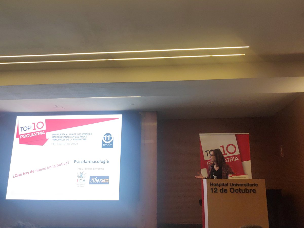Nuestra IP Esther Berrocoso, participa en estos momentos como ponente invitada en el #TOP10Psiquiatría que tiene lugar en el Hospital 12 de Octubre de Madrid. Su charla actualiza las ultimas e innovadoras publicaciones en Psicofarmacologia. <a href="/univcadiz/">Universidad de Cádiz</a> <a href="/INiBICA_IIS/">INiBICA</a> @CIBER_SAM