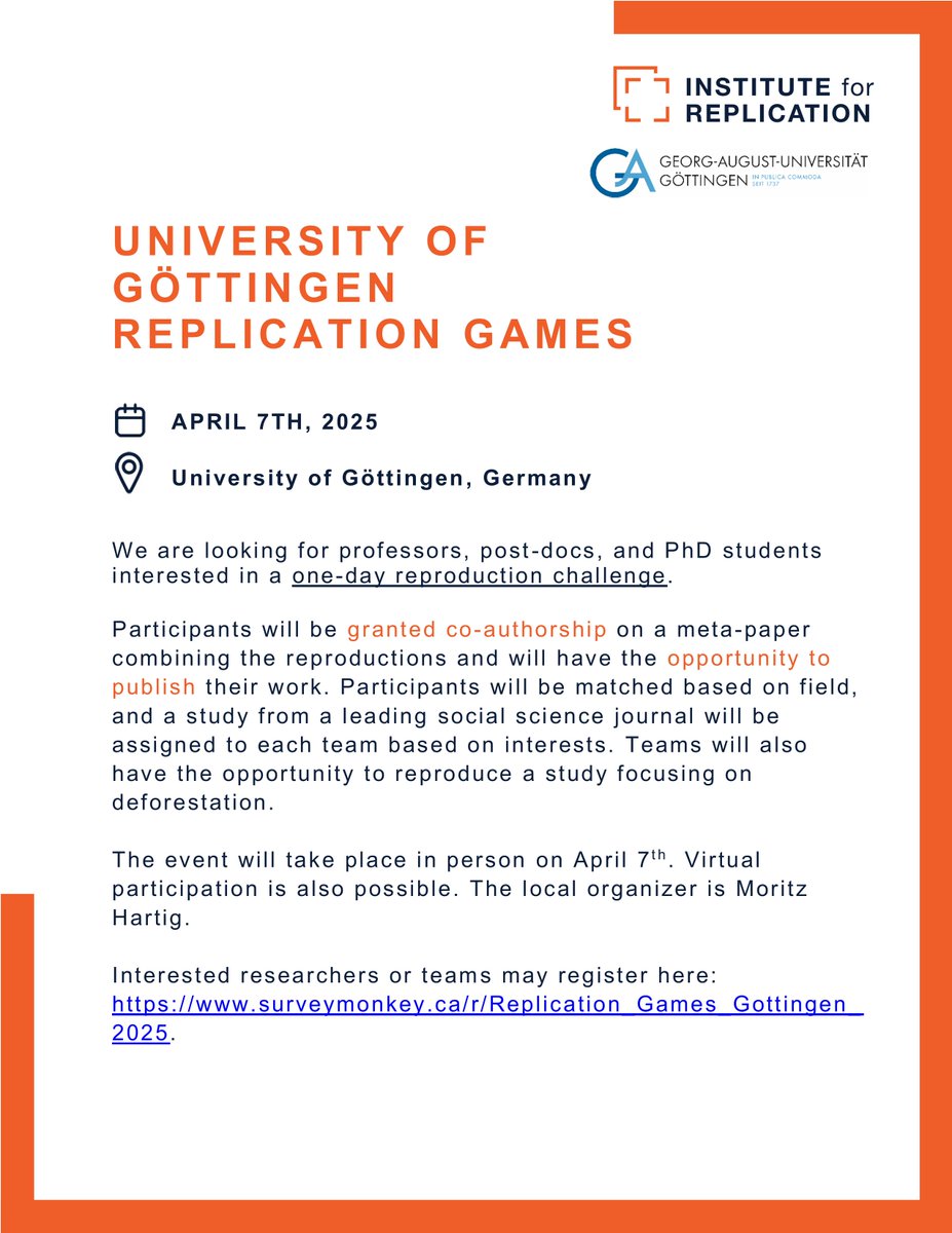 Join us for the Göttingen Replication Games on April 7th!  We are looking for researchers and graduate students; all social science fields. Teams will also have the opportunity to reproduce a study focusing on deforestation if they want. Register here: surveymonkey.ca/r/Replication_…