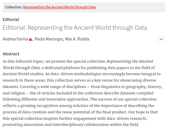 Journal of Open Humanities Data (JOHD) (@up_johd) on Twitter photo #johdpapers for the weekend:
Our latest Editorial "Representing the Ancient World through Data" describes our #specialcollection about the use of datasets in #AncientWorld studies
✒️Guest editors <a href="/ImAndreaFarina/">Andrea Farina</a> <a href="/paolamarongiu_/">Paola Marongiu</a> <a href="/mostly_voids/">cala-Mar-i 🦑</a>
👉shorturl.at/mntV8
#dh #johdpapers for the weekend:
Our latest Editorial "Representing the Ancient World through Data" describes our #specialcollection about the use of datasets in #AncientWorld studies
✒️Guest editors <a href="/ImAndreaFarina/">Andrea Farina</a> <a href="/paolamarongiu_/">Paola Marongiu</a> <a href="/mostly_voids/">cala-Mar-i 🦑</a>
👉shorturl.at/mntV8
#dh