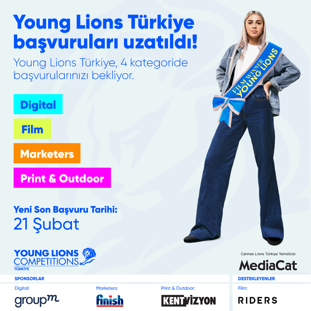 😻 Yoğun istek üzerine Young Lions başvurularını 21 Şubat'a kadar uzattık!

✨ Young Lions'ın Digital, Film, Marketers, Print &amp; Outdoor kategorilerine başvurun, elemelere katılın, Young Lions'ta Türkiye'yi temsil etme fırsatı yakalayın!

Başvuru için 🔗 younglions.mediacat.com