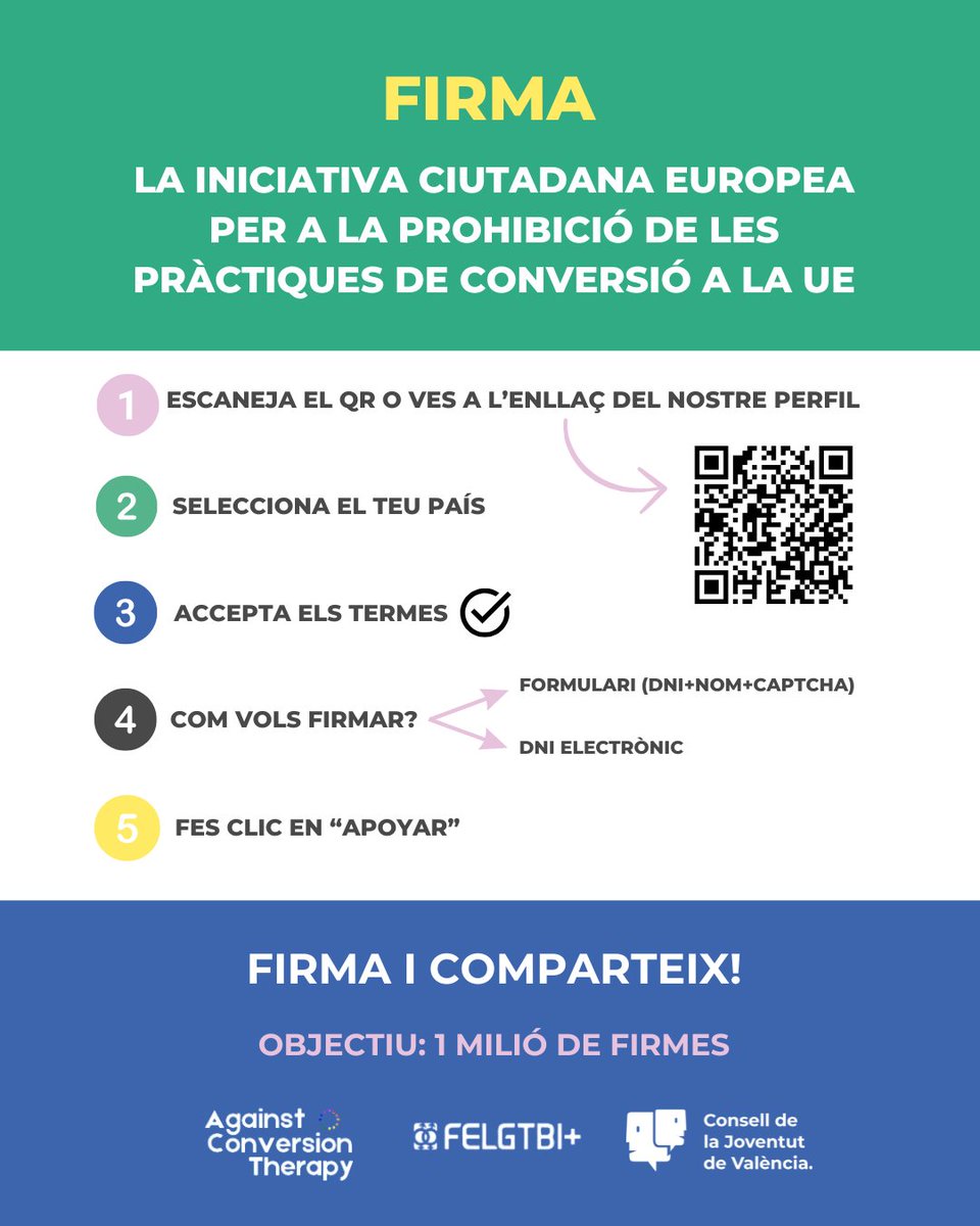 🏳️‍🌈🇪🇺Ens sumem a la Iniciativa Ciutadana Europea impulsada per l’organització Against Conversion Therapy i recolzada per la Federació Estatal LGTBI+ 

No són teràpies de conversió, són tortures. Prohibir-les està a les nostres mans!

📝Firma i comparteix: eci.ec.europa.eu/043/public/