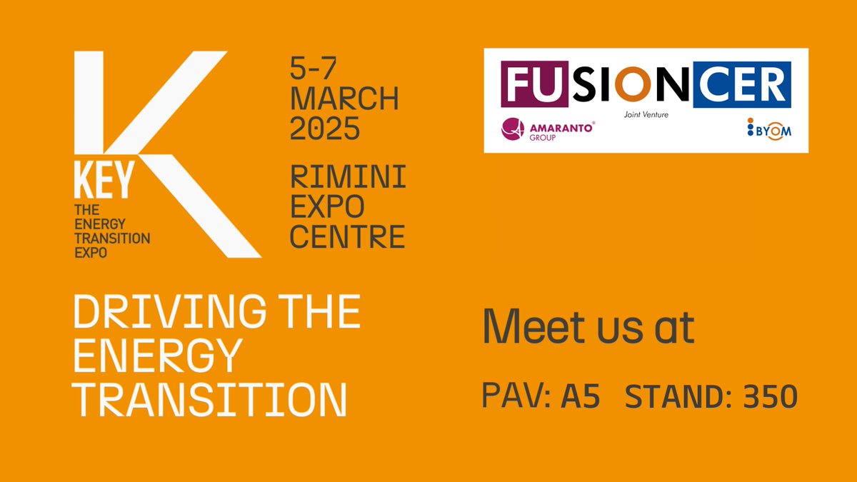 We are pleased to participate together with #FusionCER and BYOM at <a href="/KeyEnergyit/">KEY The Energy Transition Expo</a> , the leading event in the #energy sector across Italy and Europe.

Find us at 
📍Pav A5 - Stand 350
🗓️March 7th - 5th, 2025.

We look forward to seeing you!

#energytransition #renewableenergy #green