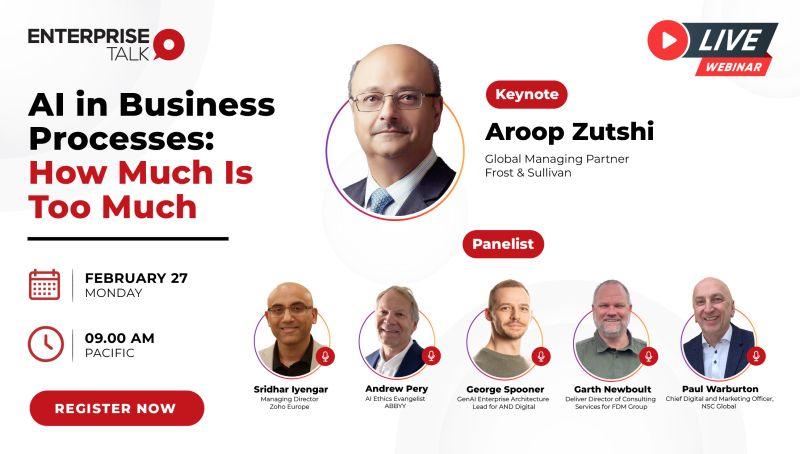 Only 13 days left until <a href="/Enterprise_Talk/">EnterpriseTalk</a>'s webinar! 🚨

<a href="/iSridhar/">Sridhar Iyengar</a>, Managing Director of Zoho Europe, will join the "AI in Business Processes: How Much Is Too Much" panel.

🗓 Date: 27th February 2025

⏰ Time: 9:00 AM (Pacific)

Secure your spot here 👉 zurl.co/2VCgD