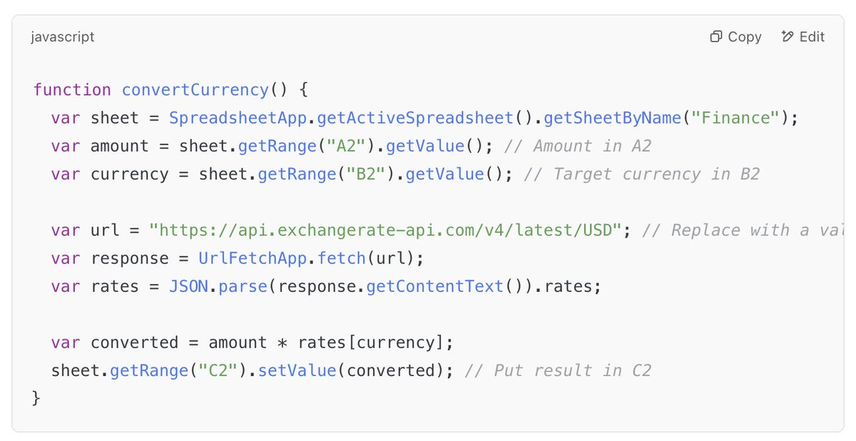 shauvikkumar's tweet image. 💰 Need live currency conversion in Google Sheets? This script fetches real-time exchange rates from an API and converts any amount automatically!
#GoogleSheets #AppsScript #CurrencyConverter #LiveRates
📌 How to use?
In A2, enter amount (e.g., 100)
In B2, enter currency…