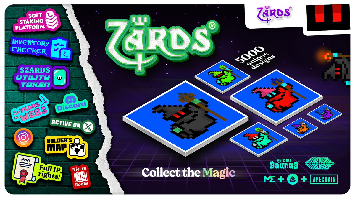 ZardsNFT's tweet image. Collect the Magic with Zards® 🧙‍♂️🪄✨
🔗  magiceden.io/collections/ap…
🔗  opensea.io/collection/zar…

🧙‍♂️  5000 ORIGINAL designs!
📕  FIRST Storytelling collection on #ApeChain!
🪄  Training (soft staking) platform now live!
🗺️  Building for the #OtherSide Metaverse!
📜  Full IP Rights!