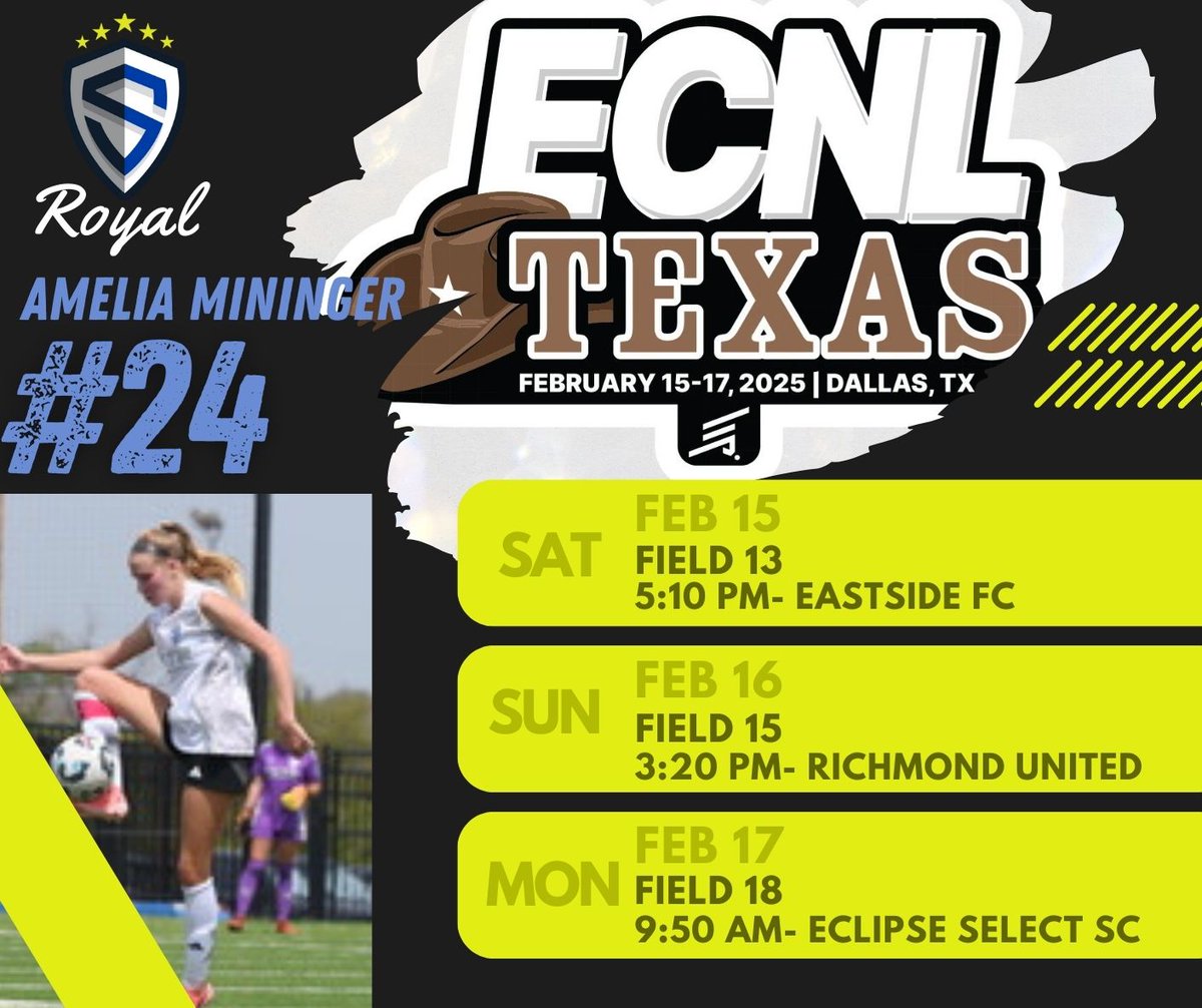 Amelia Mininger (@ameliamininger) on Twitter photo Looking forward to a BIG weekend at the ECNL Texas Showcase!!
<a href="/StingSoccerClub/">Sting Soccer Club</a> <a href="/Ecnl08g/">Sting Dallas Royal ECNL 08G</a> <a href="/TopDrawerSoccer/">TopDrawerSoccer</a> <a href="/PrepSoccer/">Prep Soccer ⚽️</a> <a href="/PrepSoccerTX/">Prep Soccer Texas</a> <a href="/TheSoccerWire/">SoccerWire</a> <a href="/NickSoutar/">Nick Soutar</a> Looking forward to a BIG weekend at the ECNL Texas Showcase!!
<a href="/StingSoccerClub/">Sting Soccer Club</a> <a href="/Ecnl08g/">Sting Dallas Royal ECNL 08G</a> <a href="/TopDrawerSoccer/">TopDrawerSoccer</a> <a href="/PrepSoccer/">Prep Soccer ⚽️</a> <a href="/PrepSoccerTX/">Prep Soccer Texas</a> <a href="/TheSoccerWire/">SoccerWire</a> <a href="/NickSoutar/">Nick Soutar</a>