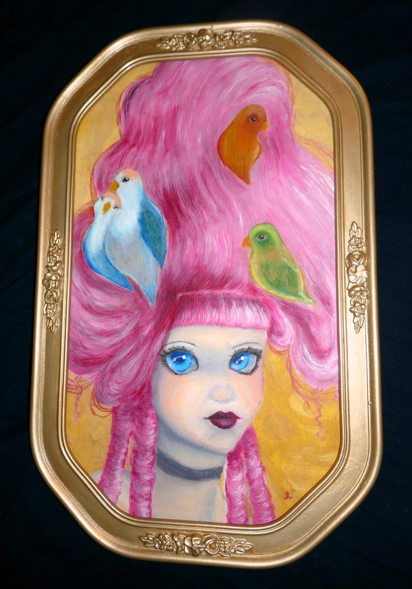 My big eye rococo maiden with lovebirds in her wig &amp; I wish you a happy Valentine's Day!  Feathered Refuge has an #avantgoth feel.  

The original oil painting is 14"x22" framed.  Contact me if interested.  

 lovebird #pair #FebruArty  
#valentinesday #vday #birds #art #artYear