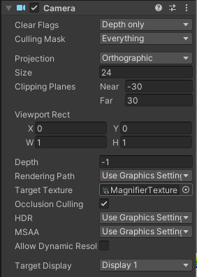 TayutauYukata's tweet photo. Unityで虫眼鏡機能 🔍
✅ 拡大したいエリアを追うCameraを用意し、RenderTextureにキャプチャ
✅ 別オブジェクトで再表示して、小窓のように動的に表示(表示方法は環境にあわせて)
✅ 位置調整などはスクリプトで制御
#Unity #ゲーム開発 #RenderTexture #Unity2D https://t.co/MKT5fjNzDY