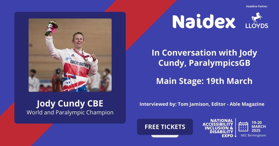 We're really excited for this one!

Able Magazine Editor, Tom Jamison, will host an In Conversation with Jody Cundy CBE at <a href="/NaidexShow/">Naidex</a> on the 19th March. See you all at the Main Stage, 13:50 - 14:20.

Register for free tickets: bit.ly/3QiFNFm