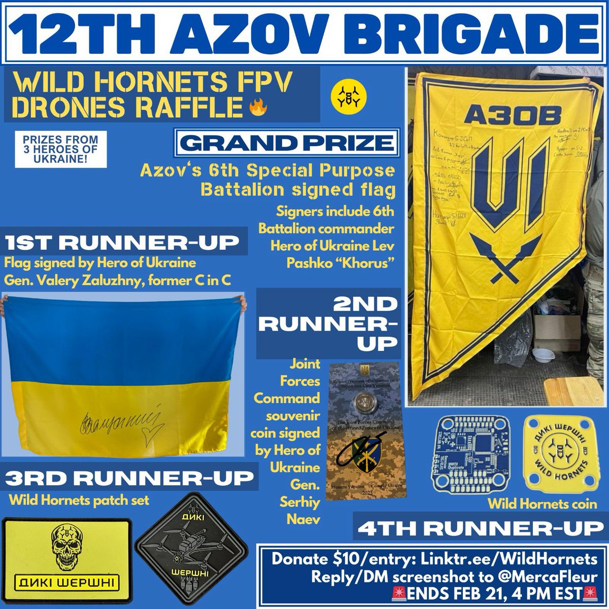 Wild Hornets (@wilendhornets) on Twitter photo Friends, please join our raffle to help the legendary 12th Azov Special Purpose Brigade๐ซก
$10/entry = Wild Hornets FPV drones for Azov to keep burning invaders๐ฅ
-Donate: linktr.ee/wildhornets
-Reply with screenshot or DM <a href="/MercaFleur/">Merca Fleur ๐๏ธ</a>
-Prizes from 3 Heroes of Ukraine!
-Ends Friends, please join our raffle to help the legendary 12th Azov Special Purpose Brigade๐ซก
$10/entry = Wild Hornets FPV drones for Azov to keep burning invaders๐ฅ
-Donate: linktr.ee/wildhornets
-Reply with screenshot or DM <a href="/MercaFleur/">Merca Fleur ๐๏ธ</a>
-Prizes from 3 Heroes of Ukraine!
-Ends