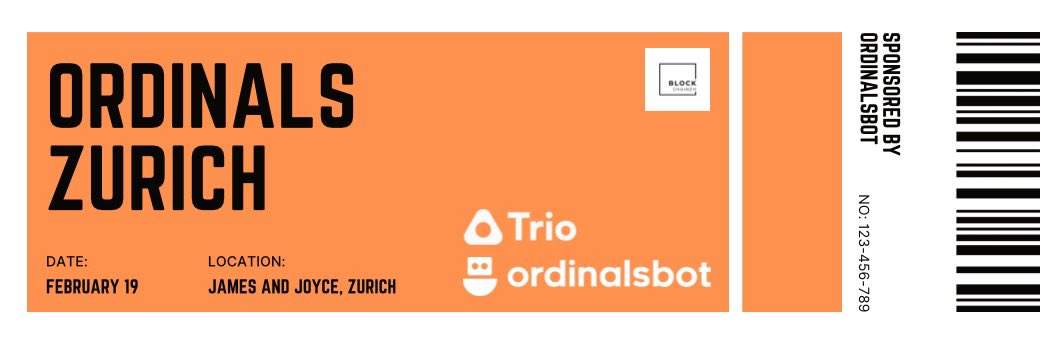 Win two free tickets for the Ordinals Zurich event next week on the 19th Feb!

How to enter:

👉 Follow <a href="/blockchainzh/">Blockchainzh</a> 
👉 Like &amp; RT this post
👉 Tag 3 friends in the comments

Help us bring Ordinals to Zurich! 🇨🇭🧀

thanks <a href="/ordinalsbot/">OrdinalsBot ⚡</a> making this event possible!