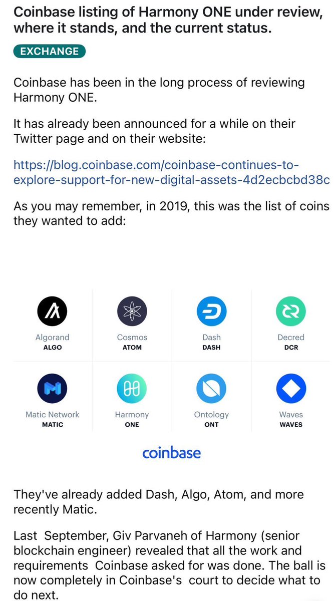 BREAKING: <a href="/harmonyprotocol/">Harmony 💙</a> X <a href="/Coinbase/">Coinbase 🛡️</a>  Listing development update as of today via <a href="/theoperisic/">theo</a>, Product Manager 🙏 

A huge 🩵 from 2M+ $ONE community as awaiting since 2019 🙏 

✅ 2024-05-24: Completed Coinbase requirement doc, sent for review to the team
✅ 2024-05-28: